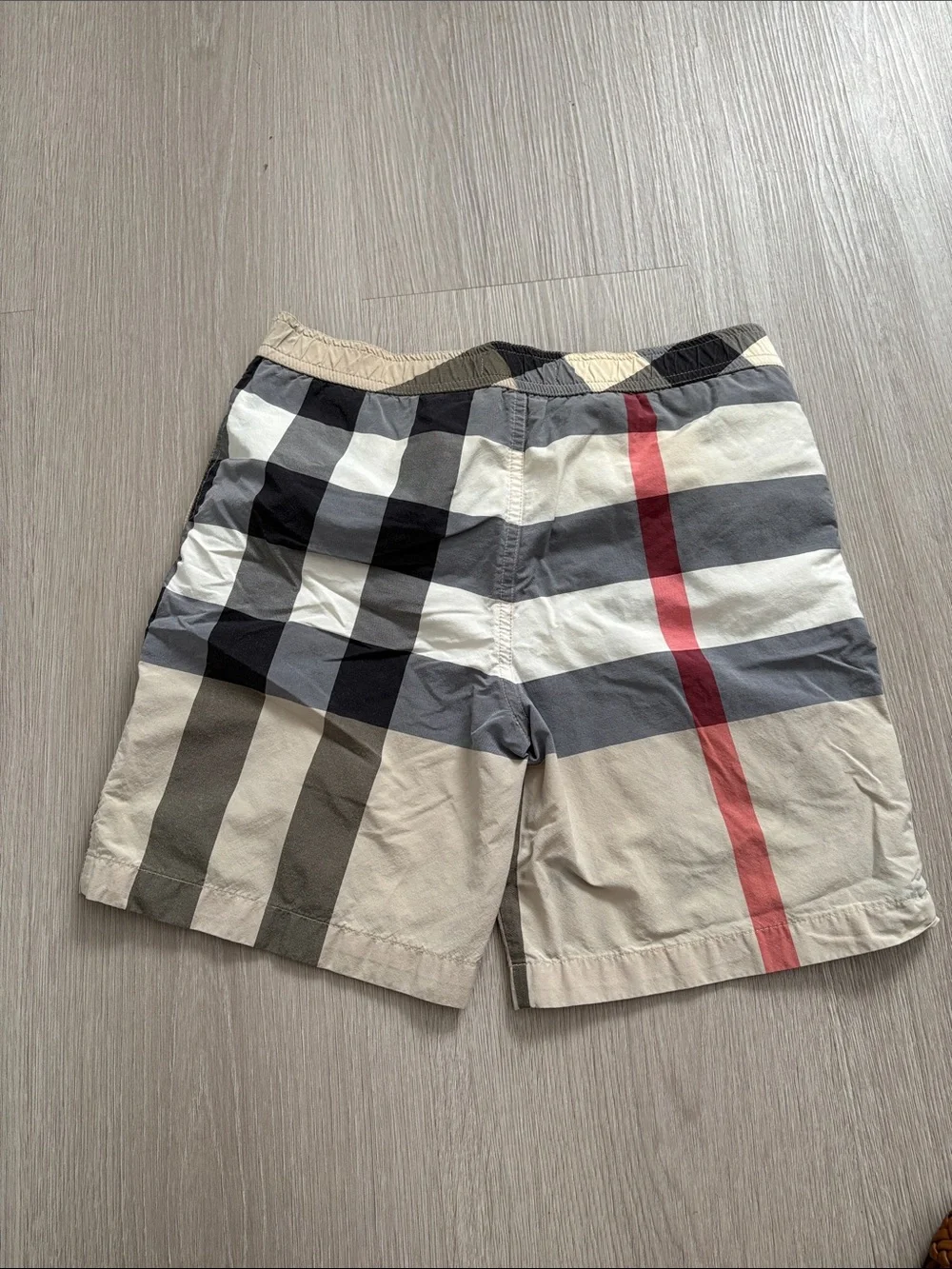 Burberry Men’s Check Swim Trunks in Beige, Gray & Red